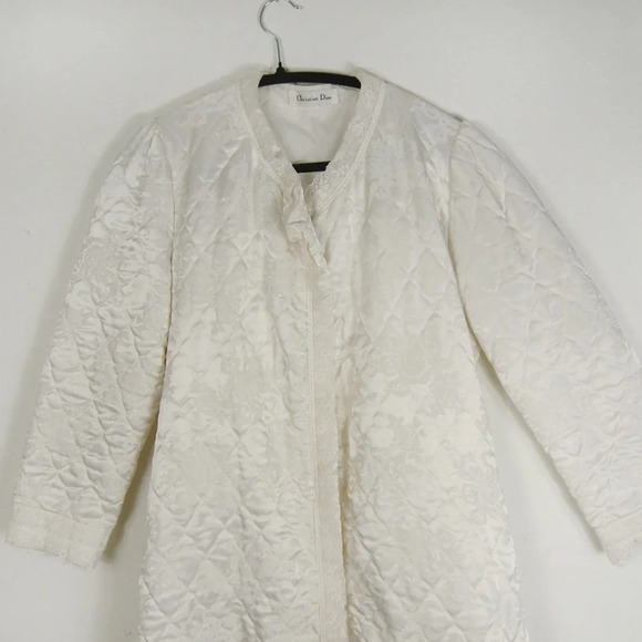 Vintage 50’s Christian Dior Floral Quilted Ivory White Button Satin Robe Medium - Picture 7 of 9